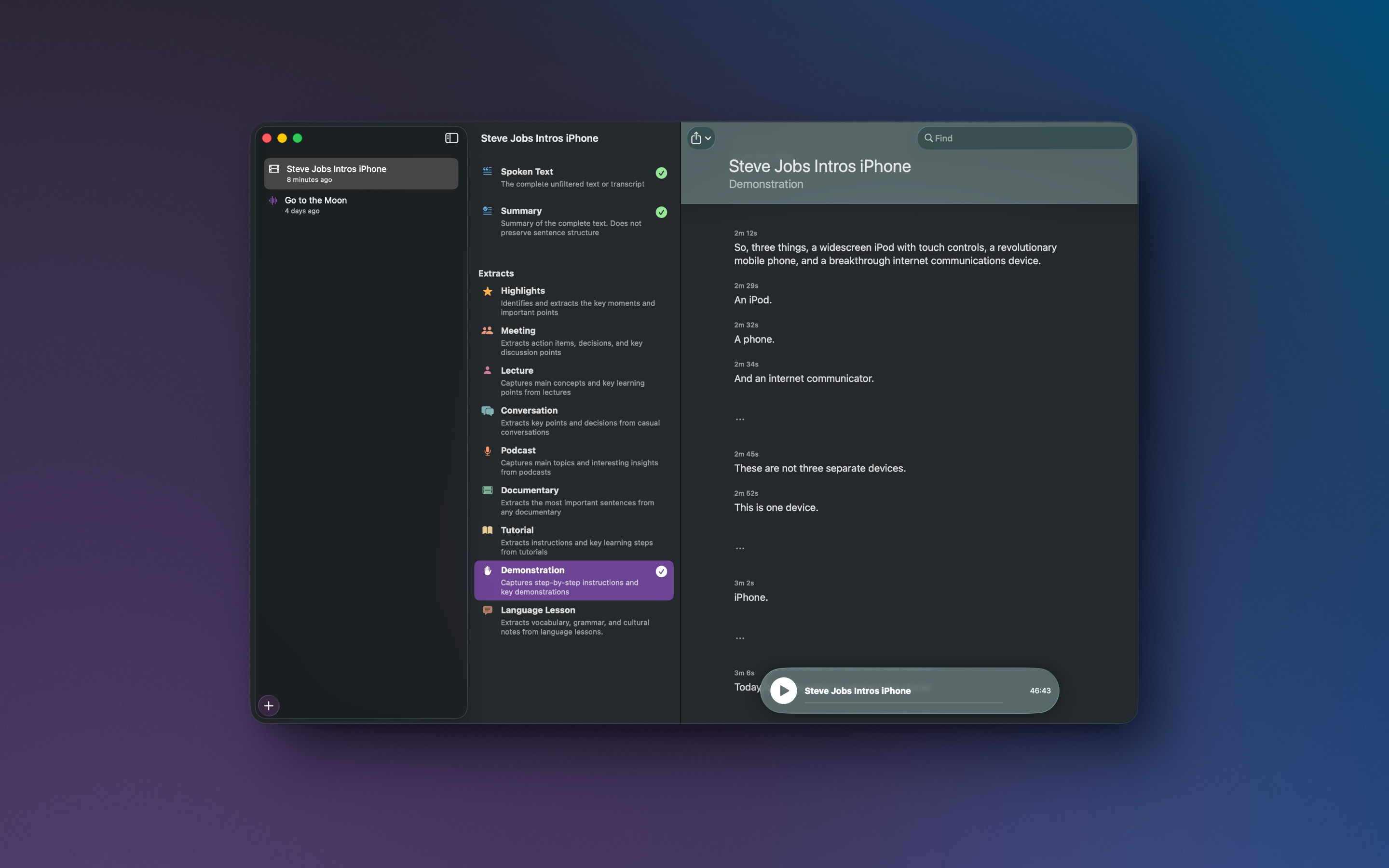 Keytakes detailed summary view